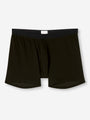 A pair of black men's boxer briefs with a white tag on the inner waistline.