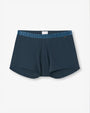 A pair of navy-blue boxer briefs with nautical knots print along the waistband, and a square tag inside of the waistband. The background is plain white.