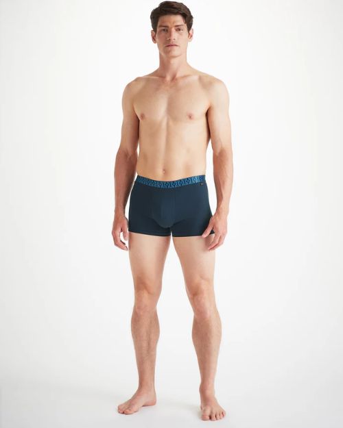 A full body image of a shirtless model wearing a navy-blue pair of boxer briefs with a blue nautical print on the waistband. The background is white.
