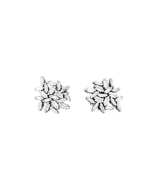 A pair of silver stud earrings with many small, clear gemstones arranged in a cluster, placed in front of a white background.