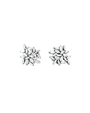A pair of silver stud earrings with many small, clear gemstones arranged in a cluster, placed in front of a white background.