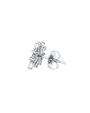 The backside of a single silver earring with a post and butterfly back. The earring has an intricate design, resembling a flower or starburst pattern, and is placed in front of a white background.