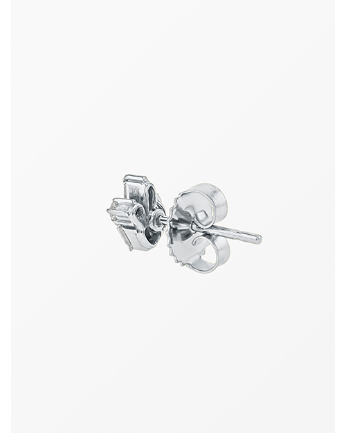 The back of a single silver stud earring with a post and butterfly back design. The background is white.