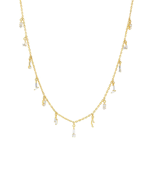 A gold chain necklace with small evenly spaced hanging double crystals. The necklace is hanging over a chain background.