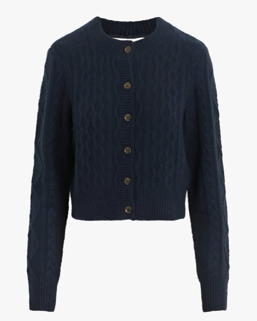 A dark blue, cable-knit cardigan with brown buttons down the front. The cardigan has a ribbed hem, neckline, and wrist cuffs. The background is plain white.