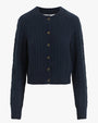 A dark blue, cable-knit cardigan with brown buttons down the front. The cardigan has a ribbed hem, neckline, and wrist cuffs. The background is plain white.