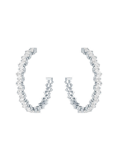 A pair of silver hoop earrings encrusted with small, clear gemstones which are slightly zigzag set. The background is white.