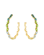 A pair of hoop earrings composed of rectangular gemstones in various colors, including green, light blue, and dark blue. The gemstones are set in a gold chain like framework that forms the shape of the hoops. The back of the hoops have no gems, leaving open spaces showing off the chain design. The earrings are displayed against a plain background.