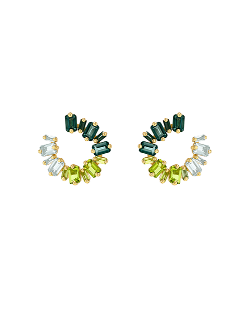 A pair of circular earrings made up of small, rectangular gemstones arranged in a gradient pattern. The top part of each earring features dark green gemstones, transitioning to light green gemstones in the middle, and ending with light blue gemstones at the bottom. The gemstones are set in gold settings with small round gold accents at the top and bottom of each gemstone.