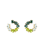 A pair of circular earrings made up of small, rectangular gemstones arranged in a gradient pattern. The top part of each earring features dark green gemstones, transitioning to light green gemstones in the middle, and ending with light blue gemstones at the bottom. The gemstones are set in gold settings with small round gold accents at the top and bottom of each gemstone.