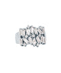 A silver ring with multiple rectangular and round-cut diamonds arranged in a clustered pattern on the band. The background is white.