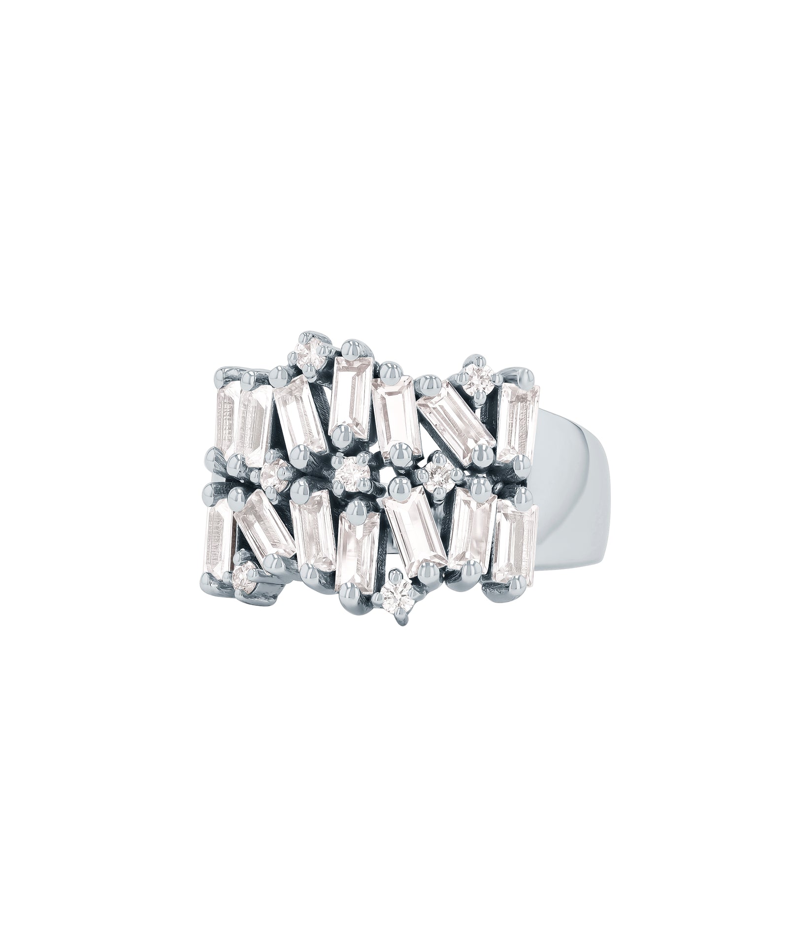 An angled view of a silver ring with multiple rectangular and round-cut diamonds arranged in a clustered pattern on the band. The background is white.