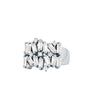 An angled view of a silver ring with multiple rectangular and round-cut diamonds arranged in a clustered pattern on the band. The background is white.