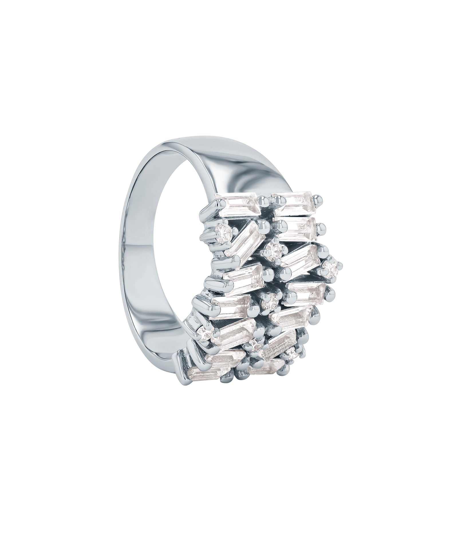 A silver ring with multiple rectangular and round-cut diamonds arranged in a clustered pattern on the band. The background is white.