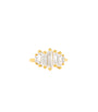 A gold ring with a row of rectangular clear gemstones arranged vertically in a row. The gemstones are bordered by small gold beads on both sides, placed against a white background.