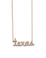 A pendant reading "TEXAS" in lowercase cursive letters, attached to a gold chain. The necklace is hanging over a white background.