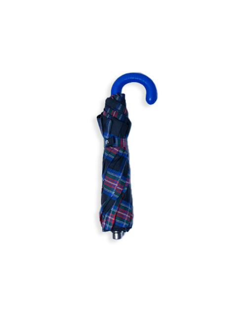 Tartan Folding Umbrella in bright blue closed and wrapped up.