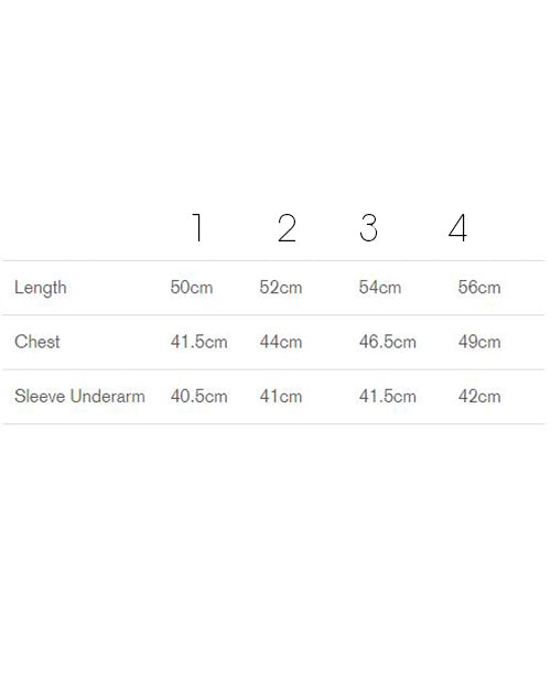 A clothing size chart with measurements in centimeters. It includes four size columns labeled 1 through 4, and three measurement rows: Length (50cm, 52cm, 54cm, 56cm), Chest (41.5cm, 44cm, 46.5cm, 49cm), and Sleeve Underarm (40.5cm, 41cm, 41.5cm, 42cm).