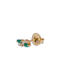 A close view of an elegant gold earring featuring two rectangular green gemstones surrounded by small round white gemstones. The earring is showcasing its wide circular earring backing and is placed against a white background.