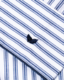 A close-up view of blue and white striped fabric with two small navy embroidered leaves.