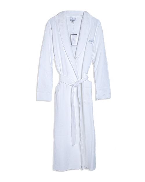 A white robe with a grey tree embroidered on the chest area, and a white square tag hanging from the inner neckline. The background is blank.
