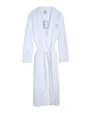 A white robe with a grey tree embroidered on the chest area, and a white square tag hanging from the inner neckline. The background is blank.