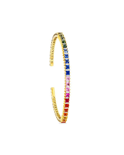 Thin gold bangle bracelet with rainbow sapphires. 