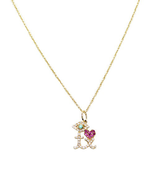A gold necklace with a turquoise evil eye pedant attached to a diamond adorned "I <3 TX" design with a ruby heart. The chain is hanging over a white background.