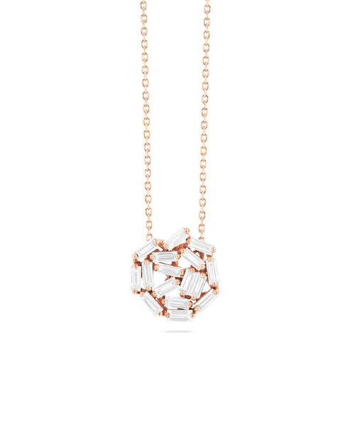 A rose gold chain with a circular pendant made up of rectangular diamonds. The chain is hanging over a white background.