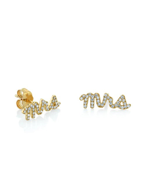A pair of gold stud earrings that spell "mrs" in lowercase cursive, adorned with diamonds. One earring is slightly angled to show a butterfly earring backing. The background is white.