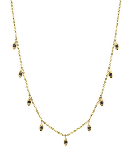 A gold necklace with evenly spaced teardrop-shaped pendants, each set with a dark-colored gemstone. The background is plain white.
