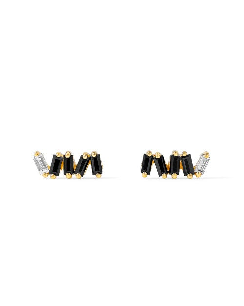 A pair of gold earrings featuring 4 rectangular black gems and one clear gem, adorned with gold circle details at each gems end. The background is plain white.