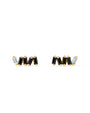 A pair of gold earrings featuring 4 rectangular black gems and one clear gem, adorned with gold circle details at each gems end. The background is plain white.