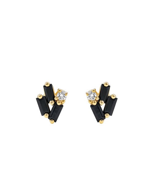A pair of gold earrings featuring three black rectangular stones arranged in a staggered diamond pattern, with gold circular details and a small round diamond-like stone next to them. The background is plain white.
