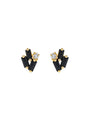 A pair of gold earrings featuring three black rectangular stones arranged in a staggered diamond pattern, with gold circular details and a small round diamond-like stone next to them. The background is plain white.