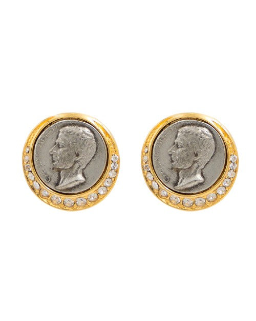 Gold earrings with diamond around the perimeter of Roman coin design. 