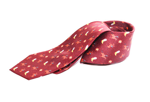Maroon tie with colorful rodeo print.