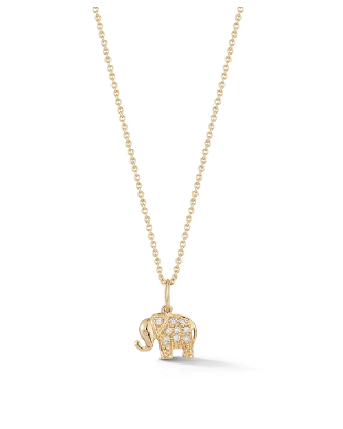Gold chain with small gold and diamond elephant charm in front of white background. 