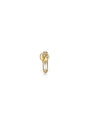 An overhead angle of a gold stud safety pin earring adorned with diamonds at the top, and a circular earring backing. The background is plain white.