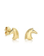 A pair of yellow gold stud earrings designed as horse heads with diamond eyes. One earring is angled to show a butterfly earring backing. The background is plain white.