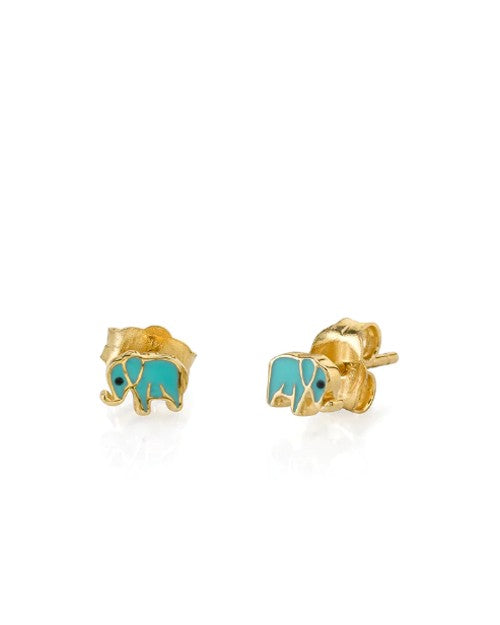 Gold and Enamel Mini Elephant Stud Earrings from Sydney Evan in front of white background. 