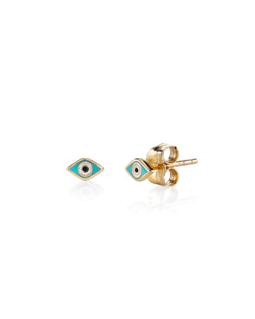 A pair of gold stud earrings designed as open blue eyes with white irises. One earring is angled to show a butterfly earring backing. The background is white.