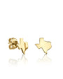 A pair of gold stud earrings shaped like the state of Texas. One earring is angled to show the butterfly backing. The background is white.