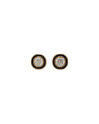 A pair of gold stud earrings with a black enamel circular design and a diamond in the middle. The background is plain white.