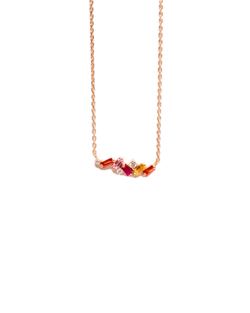 Rose gold chain necklace with various colored sapphires and white diamond bar design.