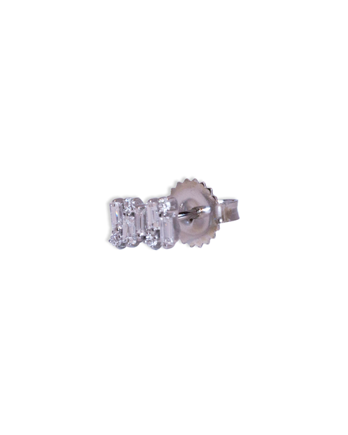 A rectangular earring made up of rectangular and round diamonds and white stones arranged in a slightly asymmetrical design. The earring is showcasing its large circular earring backing and is placed against a white background.
