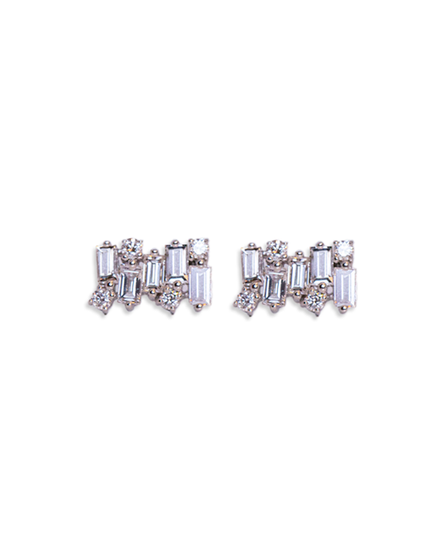 A pair of rectangular earrings made up of rectangular and round diamonds and white stones arranged in a slightly asymmetrical design. The background is plain white.