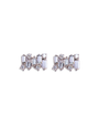 A pair of rectangular earrings made up of rectangular and round diamonds and white stones arranged in a slightly asymmetrical design. The background is plain white.
