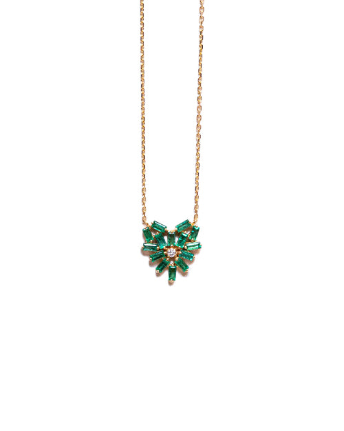 Yellow gold chain necklace with emerald and diamond heart pendant.