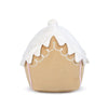 The back of a plush toy gingerbread house in front of a white background. The house has a white icing roof, decorated with white icing swirls and pink candy cane stripes on the sides.